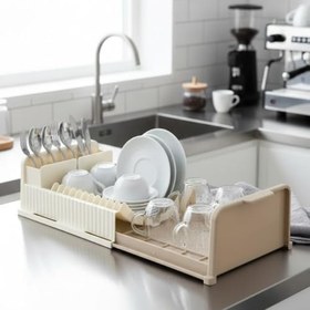 Resim Ayarlanabilir Bulaşıklık ve Tezgah Üstü Kurutmalık – Su Tahliyeli, Genişleyebilir Mutfak Organizeri, Tabaklık, Kaşıklık ve Bardaklık Süzgeci – Bej 