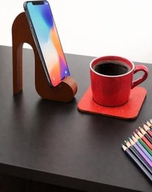 Resim Usin Kırmızı Topuklu Ayakkabı Masa Üstü Cep Telefonu Tablet Tutucu+ 4 ADET Kırmızı Kum Desen Ahşap Türk Kahvesi Fincan Çay Kupa Ev Ofis Bardak Altlığı seti 