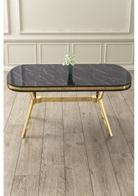 Resim Canisa Epal Serisi 90x168 Lak Panel Siyah Mermer Desen Masa Takımı Gold Ayaklı 6 Siyah Sandalye Masa Siyah Mermer Desen Sandalye Siyah 
