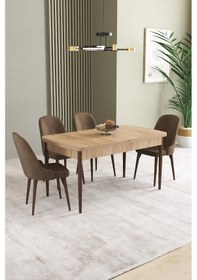 Resim Ikon Meşe Desen 80x132 Mdf Açılabilir Yemek Masası Takımı 4 Adet Sandalye Kahverengi 