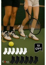 Resim Unisex Siyah-beyaz 12 Çift Pamuklu Tenis Spor Uzun Soket Boy Çorap Siyah - Beyaz 