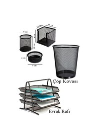 Resim Masa Üstü Ofis Paketi 13 Parça Fotokopi Kağıdı Metal Evrak Rafı Metal Kalemlik Zımba Makinesi Teli Delegeç Çöp Kovası Küp Notluk 