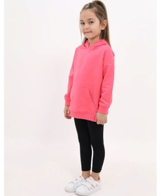 Resim Toontoy Kids Toontoy Kız Çocuk 2'li Takım Baskılı Kapüşonlu Düşük Omuz Cepli Yırtmaçlı Sweatshirt & Basic Düz Tayt Fuşya 