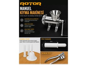 Resim ROTOR Manuel Et Kıyma Makinesi No:22 Alüminyum Döküm Paslanmaz Bıçak ve Izgaralı Yüksek Kapasite 