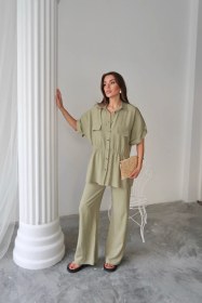 Resim Buğrahayalin Keten Belden Büzgü Detaylı Gömlek - Pantolon Takım - Yeşil 
