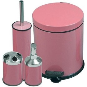 Resim 4lü Banyo Seti Pembe- Çöp Kovası+Fırça+Sabunluk+Diş Fırçalık Pembe 