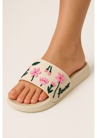 Resim Bej Kadın Flower Havuz Terlik - Plaj Çiçek Desenli Terlik Bej 