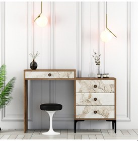 Resim Lizbon Makyaj Masası - Ceviz / Beyaz Mermer 