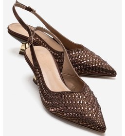 Resim Luvishoes Royale Kahverengi Saten Taşlı Kadın Kısa Topuklu Abiye Ayakkabı 