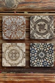 Resim Oscar Stone Decor Baskılı Doğaltaş Bardak Altlığı 4'Lü Set Desen Tile 4Dsn-144 