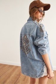 Resim Olalook Kadın Mavi Omuz ve Sırt Nakış Detaylı Pamuk Denim Ceket CKT-19000431 