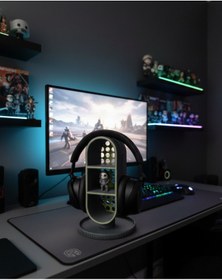 Resim Elana Design Raflı Gamer Kulaklık Standı & Masa Üstü Organizer 1 Adet Mini Figür li - Galaksi Gri 