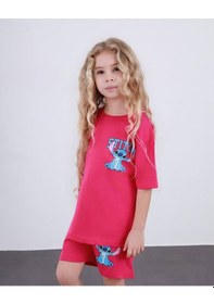 Resim Miniko Kids Kız Çocuk Stitch Modelli Pamul Şortlu Takım Fuşya 