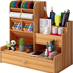 Resim 1 Adet Bambu Ahşap Masa Düzenleyici Çekmeceli - Çok Fonksiyonlu DIY Kalem Tutucu, Kolay Kurulum, Ev Ofisi & Sanat Malzemeleri Depolama İçin İdeal, Kalem, Marker, Not Defterleri, Ofis Masa Aksesuarları İçin Çoklu Bölmeler 