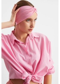Resim Butik Çapraz Bağlamalı Kadın Bandana Saç Bandı, Kaymaz Yumuşak Esnek%100 Pamuklu Penye - Tek Ebat / Pembe Pembe 