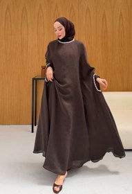 Resim Taş Detaylı içlik Elbise Panço Abaya Kahverengi - 42 / Kahverengi 