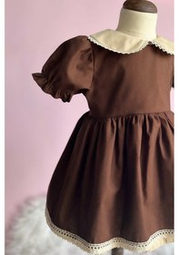 Resim Dantel Detaylı Bebe Yaka Kahve Camel Vintage Kız Çocuk Bebek Bayram Elbise 001 