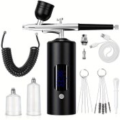 Resim USB Şarjlı, Ayarlanabilir Yüksek-Orta-Düşük Basınçlı Metal Airbrush Seti, Uzatmalı Hortumlu, Dijital Ekranlı Taşınabilir Kablosuz Sprey Tabancası - Tırnak Sanatı, Makyaj, Kek Dekoru ve DIY için İdeal Kadınlar Festival Hediyesi 