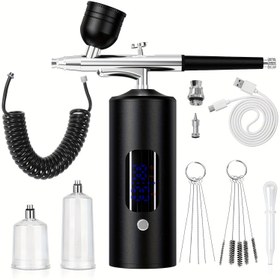 Resim USB Şarjlı, Ayarlanabilir Yüksek-Orta-Düşük Basınçlı Metal Airbrush Seti, Uzatmalı Hortumlu, Dijital Ekranlı Taşınabilir Kablosuz Sprey Tabancası - Tırnak Sanatı, Makyaj, Kek Dekoru ve DIY için İdeal Kadınlar Festival Hediyesi 