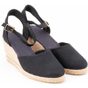 Resim Star Tombis Gerçek Elişi Topuğu Açık Bilekten Bantlı 5cm Dolgu Topuk Siyah Keten Hasır Espadril Handmade Siyah 