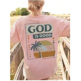 Resim God Is Good T-shirt - Pembe Baskılı Oversize Bisiklet Yaka Kısa Kol Tişört Pembe 