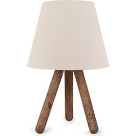 Resim Üç Ayaklı Ahşap Abajur Krem Kumaş Başlık Yatak Odası Çocuk Odası Masa Lambası Krem 