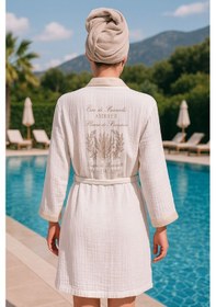 Resim Baskılı Müslin Kimono Bornoz Unisex %100 Pamuk Yumuşacık 2 Katlı Doğal Kumaş - Ztmbb10 Bej 