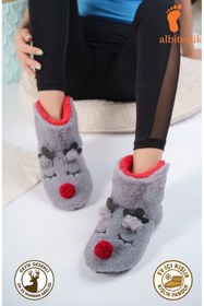 Resim AlbiShoes Kız Çocuk Geyik Figürlü Ev Botu Panduf Çocuk Peluş Rahat Sessiz Kaymaz Taban Ev Ayakkabısı 