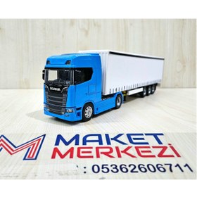 Resim Maket 33 cm uzunlukta 1/50 ölçek Mavi SCANIA 770S TIR MAKETİ (firma ismi yazılabilir) 