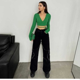 Resim Shevega Kadın Siyah Bacak Yildizli Bol Paça Kot Jeans Pantolon Siyah 