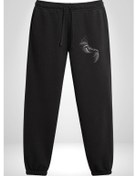 Resim Kedi Bakışı Duygusal 3 İplik Erkek Baskılı Siyah Eşofman Altı Siyah 