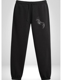 Resim Kedi Bakışı Duygusal 3 İplik Erkek Baskılı Siyah Eşofman Altı Siyah 