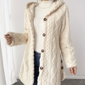 Resim Kadın Şık Kapüşonlu Oyuncak Ayı Mont - Düğmeli Ön Kapamalı Uzun Kollu Kışlık Ceket, Yumuşak Peluş Dokulu, Düz Renk, Sonbahar/Kış için Günlük Stil, Kışlık Ceket, Sonbahar Dış Giyim, Geometrik Desenli, Şık Dış Giyim, Moda Tutkunları, kadın kürk, kadın kaban, kadın ceket, kadın mont, kışlık kadın giyim, kadın kışlık giysiler 