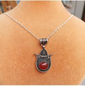 Resim Firuze Gümüş Lale Tasarımlı Otantik Akik Taşlı Gümüş Kolye F16006 