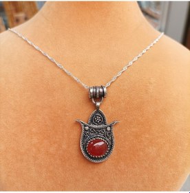 Resim Firuze Gümüş Lale Tasarımlı Otantik Akik Taşlı Gümüş Kolye F16006 