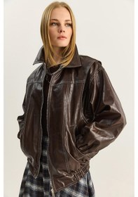 Resim Shade Kadın Dikiş Detaylı Astarlı Beli Lastikli Cepli Oversize Suni Deri Ceket 3173 60283894 - Kahverengi 