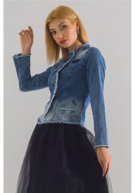 Resim Bold & Young Kadın Yağ Yeşili Power Strech Çıt Çıtlı Slim Fit Denim Ceket mavi 