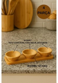 Resim 3 Lü Bambu Standlı Mini Lüx Sunum Çerezlik Servis Kasesi Lokumluk Şekerlik Bambu 