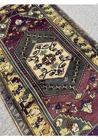 Resim El Dokuma Eskitme Yahyalı Halısı 97x164 Sarı Mor %100 Yün Halı Mor 