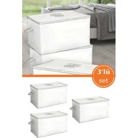 Resim Flosoft 3 Adet Yorgan Yastık Saklama Hurcu, İpli Baskılı Çok Amaçlı Sandık Tipi Hurç 3'lü Set 75X45X45 cm 