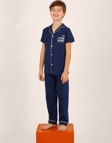 Resim Vitmo Erkek Çocuk Kısa Kollu Düğmeli %100 Pamuklu Pijama Takımı The King Lacivert 
