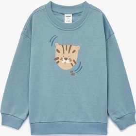 Resim Koton Erkek Bebek Pamuklu Uzun Kollu Bisiklet Yaka Kaplan Baskılı Oversize Sweatshirt Mavi 