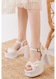Resim Kadın Sersi Beyaz Fiyonk Bantlı 12 Cm Platform Topuklu Ayakkabı Beyaz 