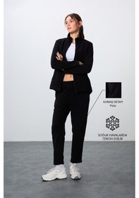 Resim Tommy Life Siyah Kalın Yumuşak Dokulu Dik Yaka Oversize Nakışlı Polar Kadın Eşofman Takım -95339 Siyah 