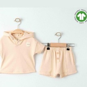 Resim Bebek Organik Pamuklu Basic Kapüşonlu Tshirt Şortlu Takım-15908 Bej 