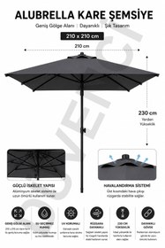 Resim Düvenci Alubrella Kare Antrasit Güneş Şemsiyesi, 210 cm çap / 8 Telli Bahçe Şemsiyesi, BİDONSUZ 