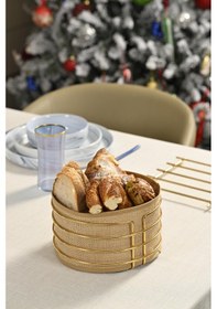 Resim Altın Yuvarlak Ekmek Sepeti Jüt Kahve Kumaş Bezi, Renkli Sunum Sepet Ekmeklik - Çok Amaçlı Metal Paslanmaz Altın 