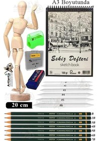Resim Ahşap İnsan Modeli 20 Cm A3 29.7x42 Cm Eskiz Defteri Dereceli Karakalem Seti Dağıtma Kalemi Hamur Silgi Kalemtraş 