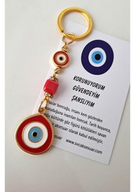 Resim Hediyelik Büyük Nazar Boncuklu Kırmızının Şansı Anahtarlık - 10,5 Cm 