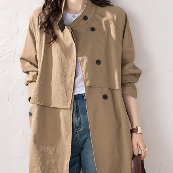 Plus Beden, 2025 İlkbahar Koleksiyonu Kadınlar İçin Klasik Renk Bloklu Dik Yaka Bol Kesim Trenç Koat Orta Boy Dış Giyim